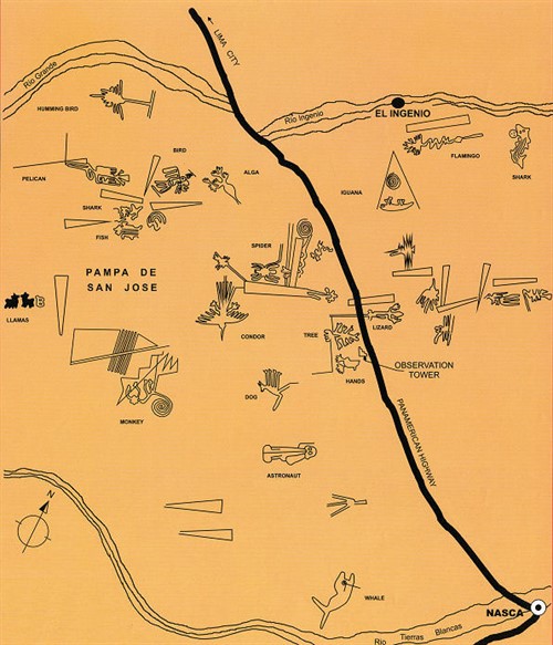 Mapka obrazců v oblasti Nazca | http://www.am-sur.com/