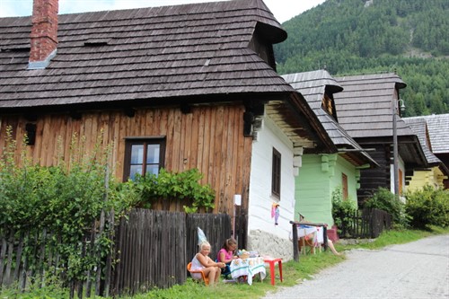 Domy stojí v řadě za sebou podél potoka a silnice, až u zvonice obec "košatí"